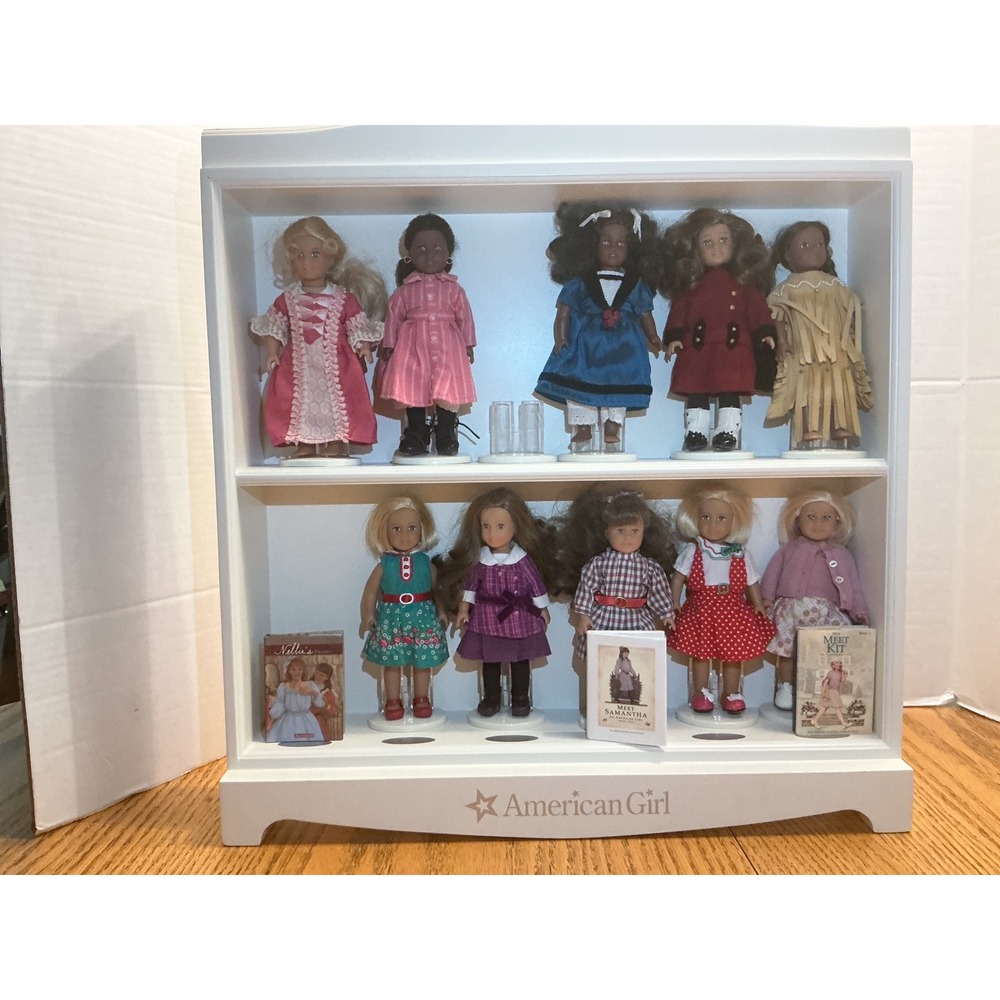 American Girl Mini Doll Collection 10 Dolls with Wooden Display Shelf and Books